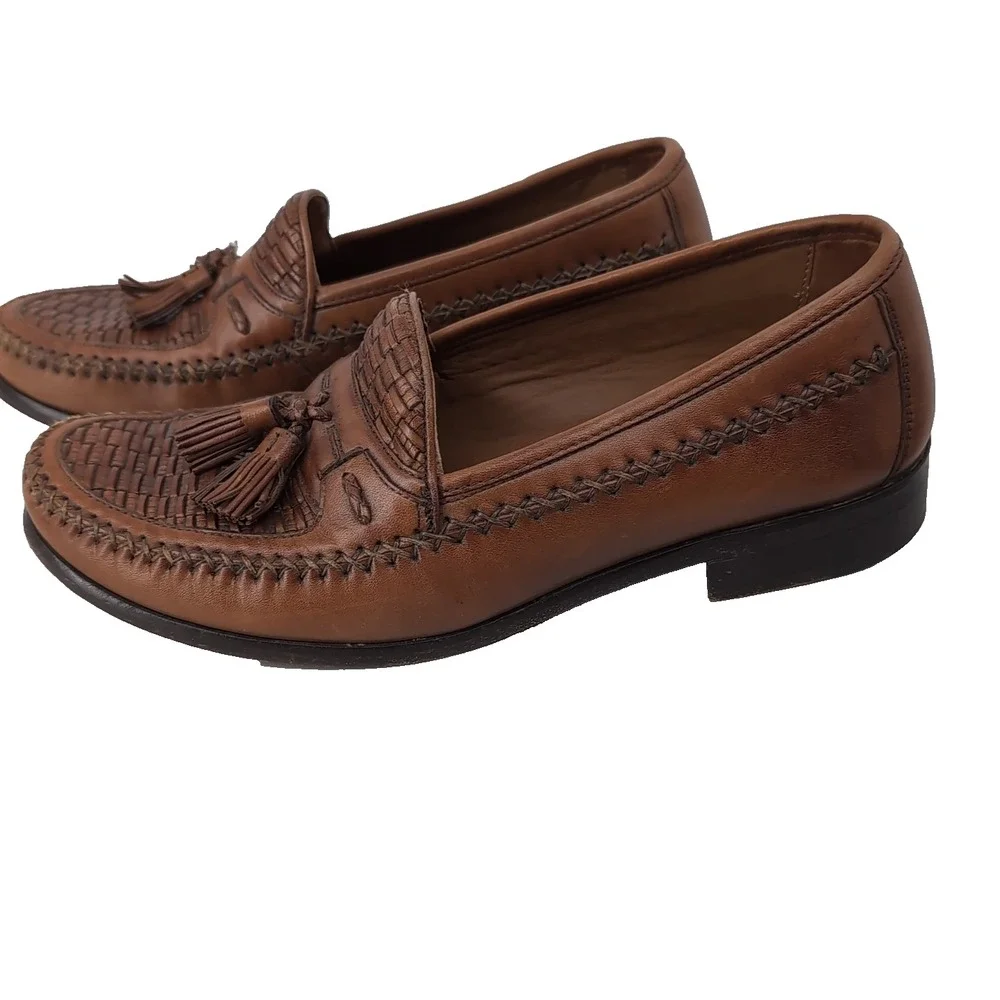Domani Mens Brown Leather Woven Tassel Loafers Kiltie Slip On Shoes 8M 18 2002